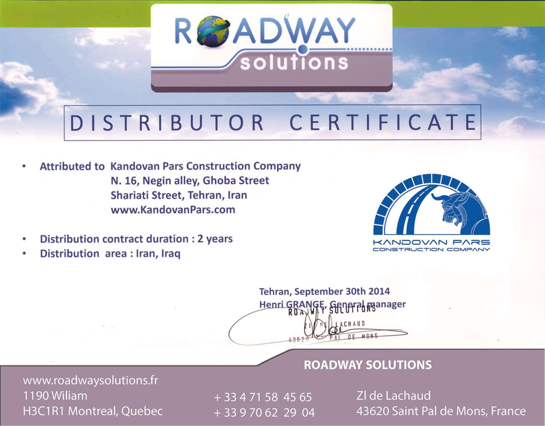Exclusive distribution of Roadway Solution Co. of France